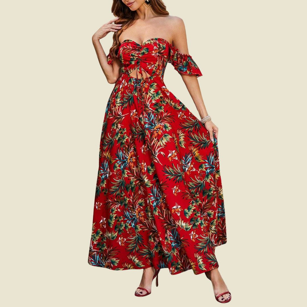 Ö-drömmar: Röd tropisk A-linjeformad maxiklänning