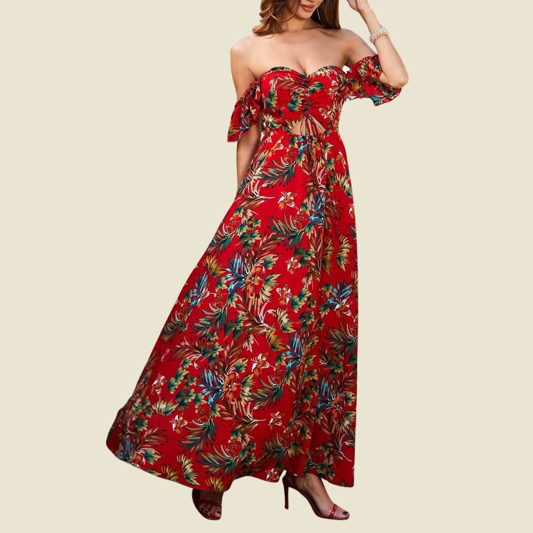 Ö-drömmar: Röd tropisk A-linjeformad maxiklänning