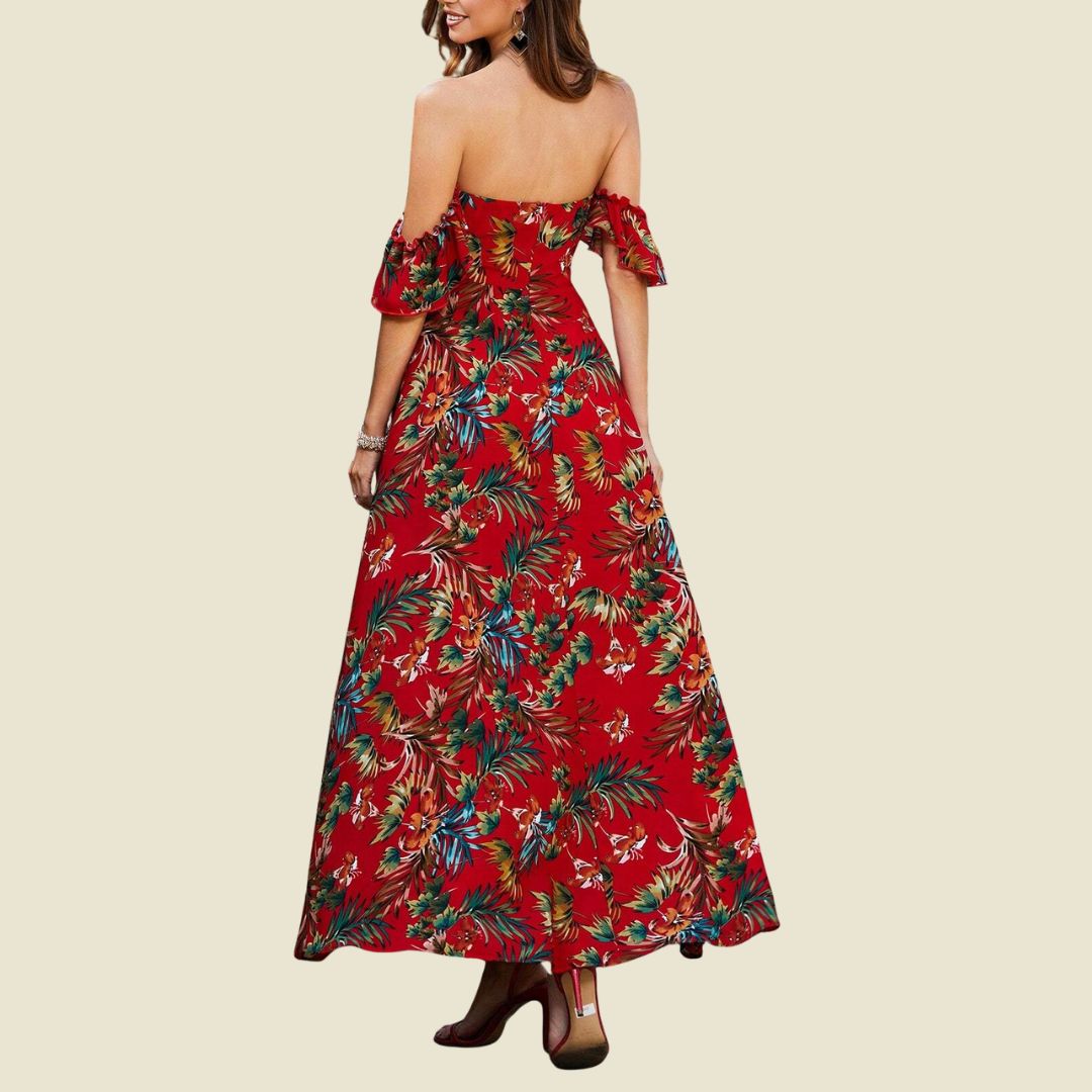 Ö-drömmar: Röd tropisk A-linjeformad maxiklänning